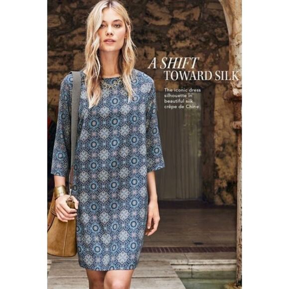 Garnet Hill Silk Shift Dress Medallion Print 3/4 sleeve size 8 - Picture 1 of 6